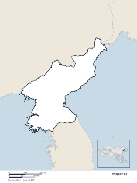 Blank political map of North Korea showing its international borders without labels.