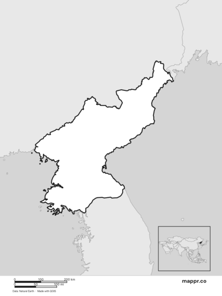 Blank political map of North Korea showing its international borders without labels (black and white).