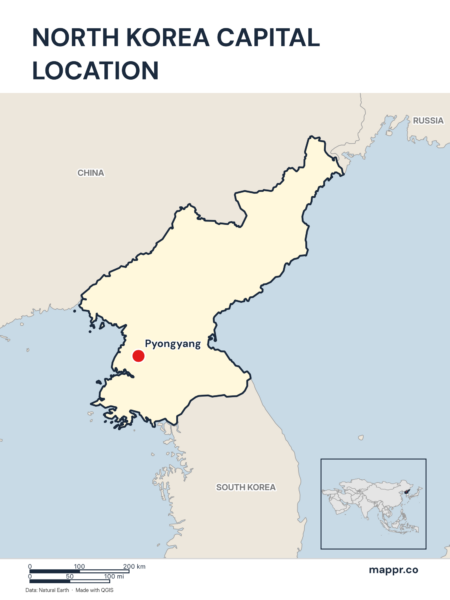 Detailed map pinpointing Pyongyang, the capital of North Korea.