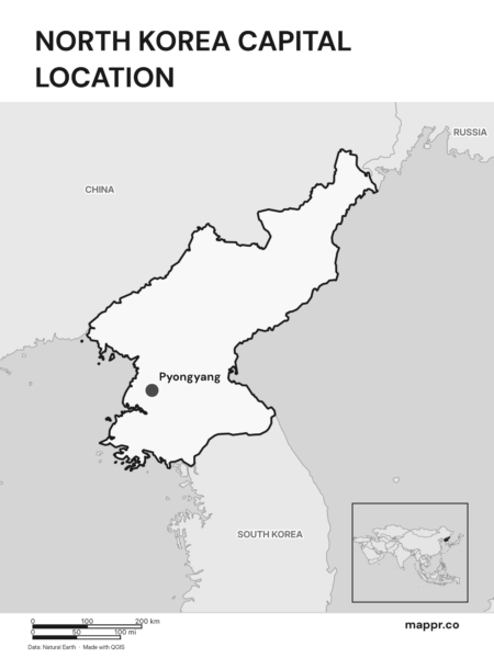 Detailed map pinpointing Pyongyang, the capital of North Korea (black and white).
