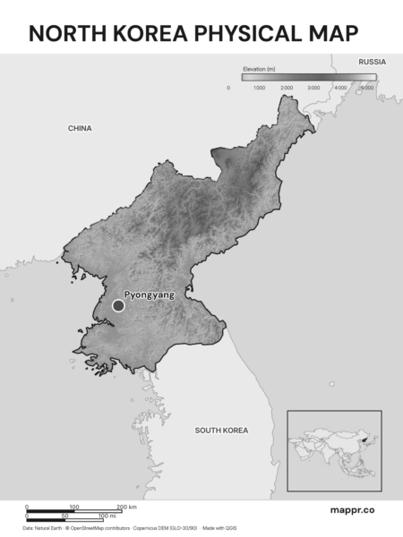 Map featuring Pyongyang, the capital of North Korea, with rich topographical detail (black and white).