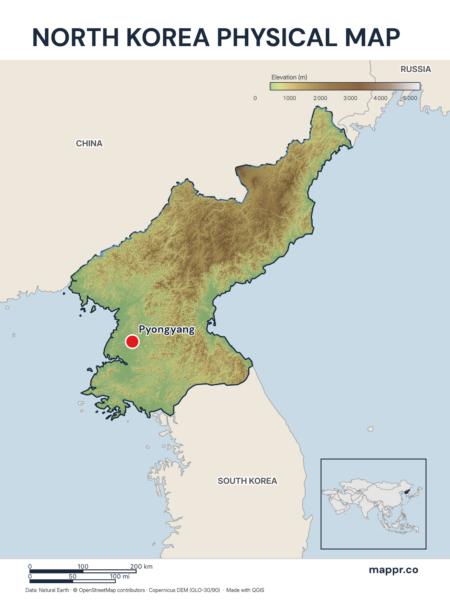 Map featuring Pyongyang, the capital of North Korea, with rich topographical detail.