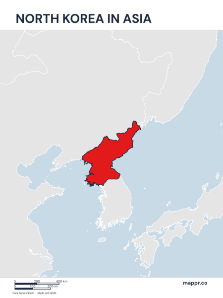 A map highlighting North Korea's location on the asian continent.