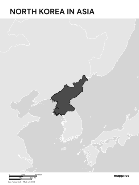 A map highlighting North Korea's location on the asian continent (black and white).