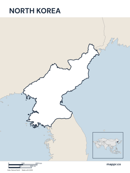 Outline map of North Korea with detailed country borders.