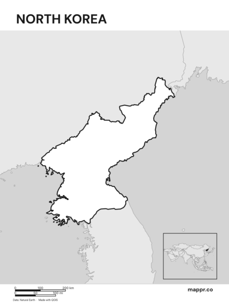 Outline map of North Korea with detailed country borders (black and white).