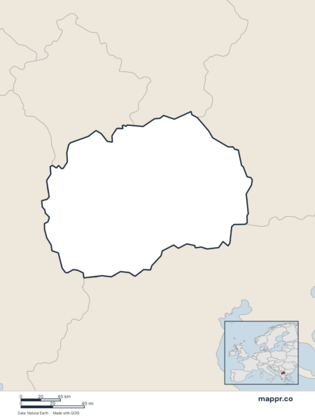 Blank political map of North Macedonia showing its international borders without labels.