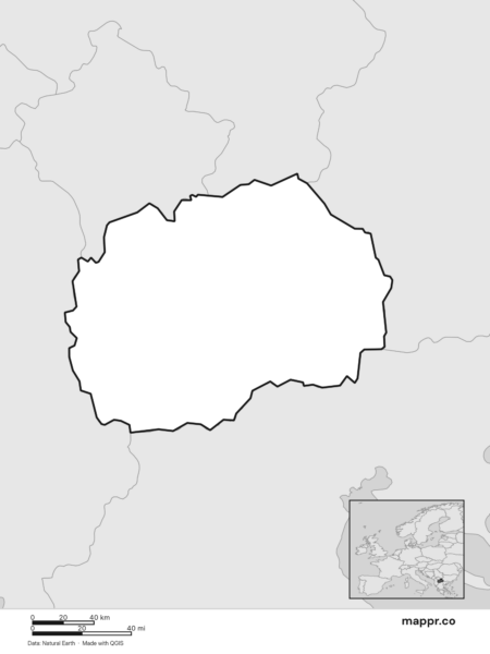 Blank political map of North Macedonia showing its international borders without labels (black and white).