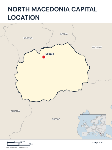 Detailed map pinpointing Skopje, the capital of North Macedonia.