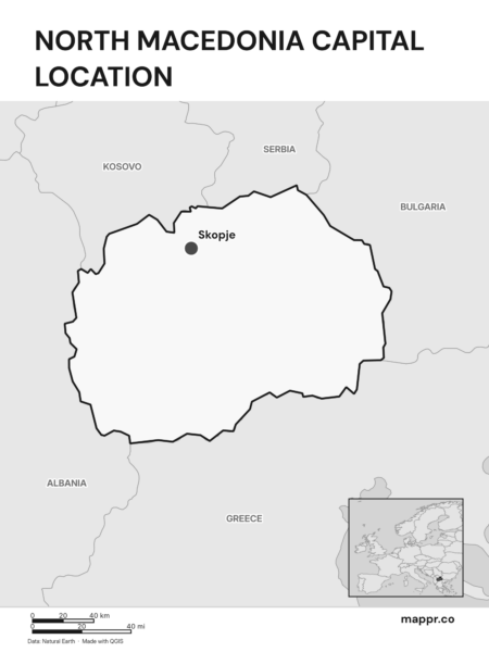 Detailed map pinpointing Skopje, the capital of North Macedonia (black and white).