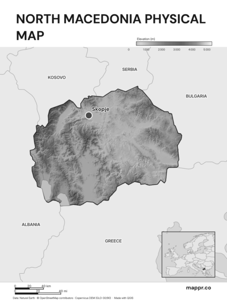 Map featuring Skopje, the capital of North Macedonia, with rich topographical detail (black and white).