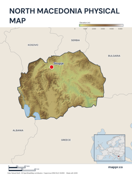 Map featuring Skopje, the capital of North Macedonia, with rich topographical detail.