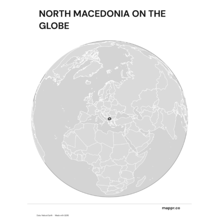 A map highlighting North Macedonia's location on a globe, marked with a red outline (black and white).
