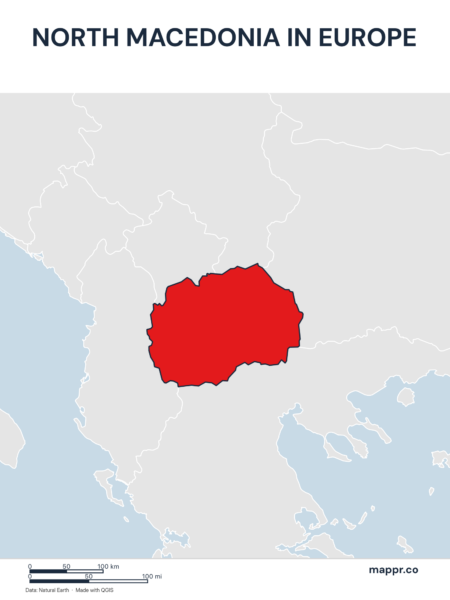 A map highlighting North Macedonia's location on the european continent.