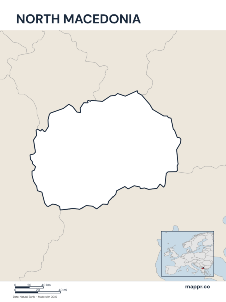 Outline map of North Macedonia with detailed country borders.