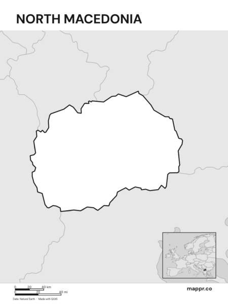 Outline map of North Macedonia with detailed country borders (black and white).