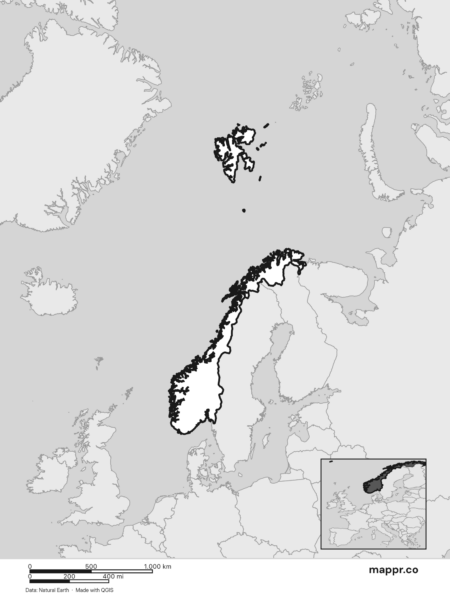 Blank political map of Norway showing its international borders without labels (black and white).