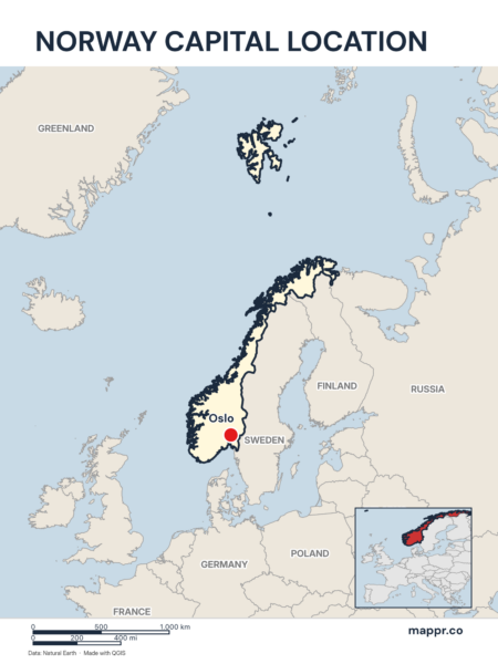 Detailed map pinpointing Oslo, the capital of Norway.