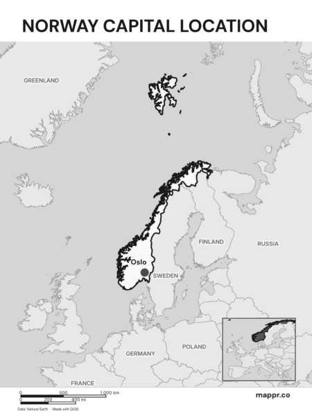 Detailed map pinpointing Oslo, the capital of Norway (black and white).