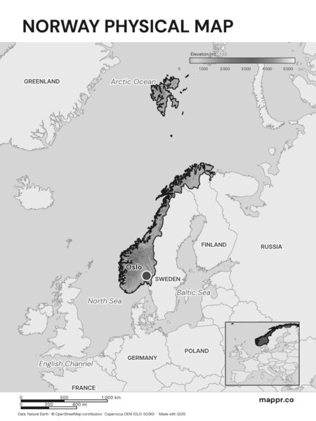 Map featuring Oslo, the capital of Norway, with rich topographical detail (black and white).