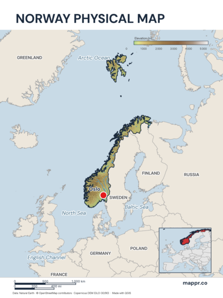 Map featuring Oslo, the capital of Norway, with rich topographical detail.