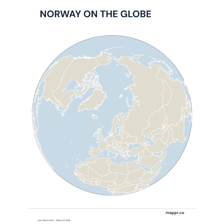 A map highlighting Norway's location on a globe, marked with a red outline.