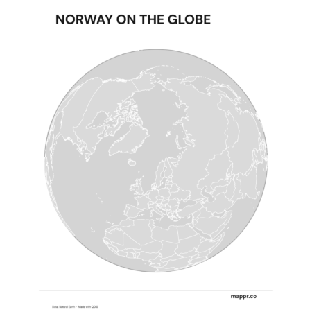 A map highlighting Norway's location on a globe, marked with a red outline (black and white).