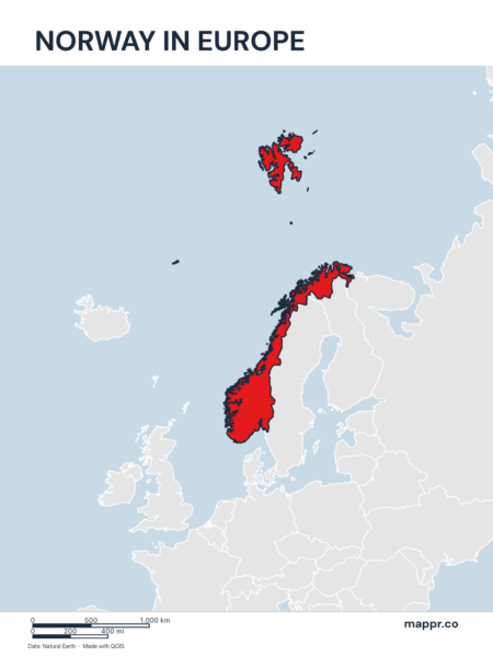 A map highlighting Norway's location on the european continent.