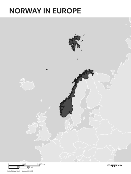 A map highlighting Norway's location on the european continent (black and white).