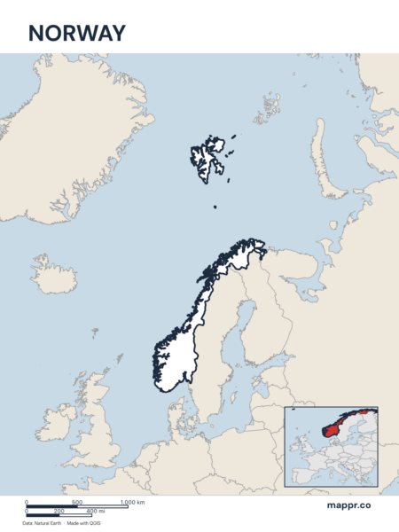 Outline map of Norway with detailed country borders.