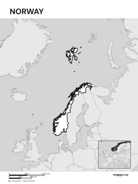 Outline map of Norway with detailed country borders (black and white).