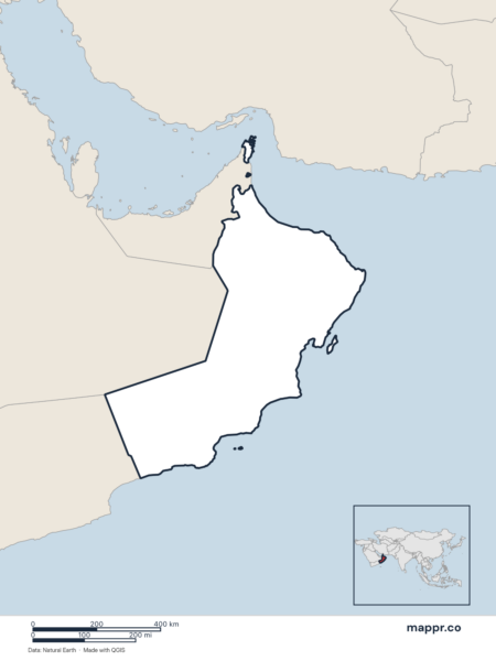 Blank political map of Oman showing its international borders without labels.
