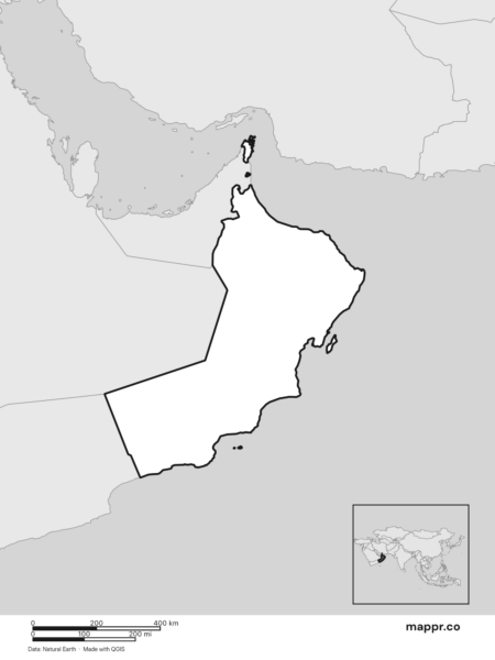Blank political map of Oman showing its international borders without labels (black and white).