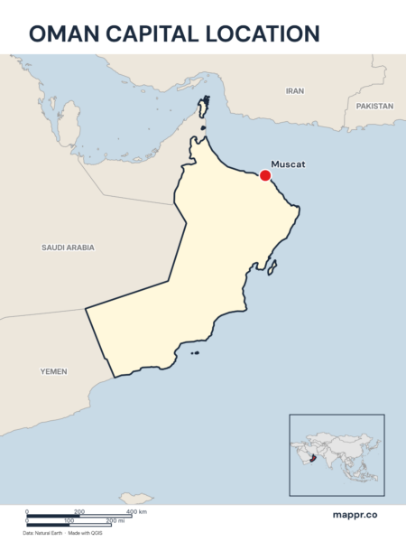 Detailed map pinpointing Muscat, the capital of Oman.