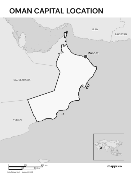 Detailed map pinpointing Muscat, the capital of Oman (black and white).