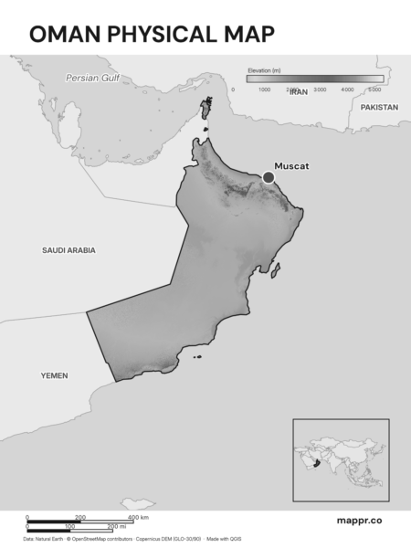 Map featuring Muscat, the capital of Oman, with rich topographical detail (black and white).