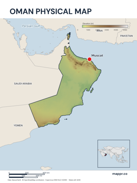 Map featuring Muscat, the capital of Oman, with rich topographical detail.