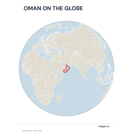 A map highlighting Oman's location on a globe, marked with a red outline.