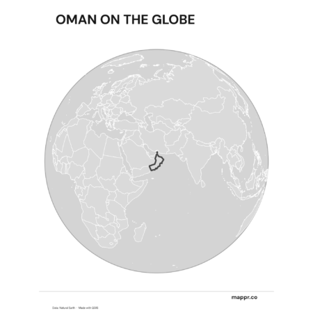 A map highlighting Oman's location on a globe, marked with a red outline (black and white).