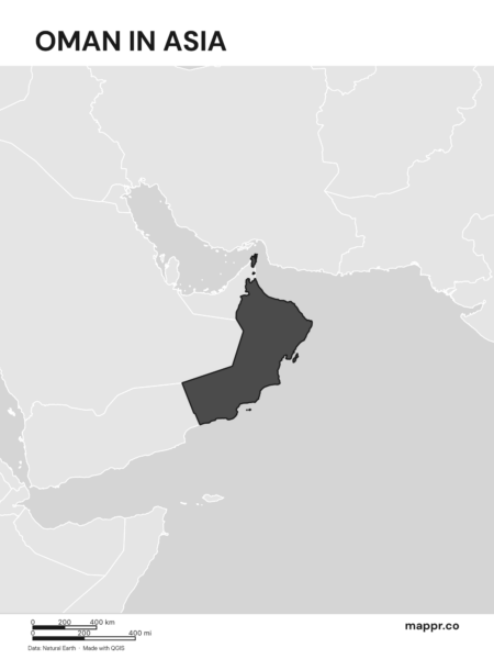 A map highlighting Oman's location on the asian continent (black and white).