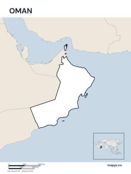 Outline map of Oman with detailed country borders.