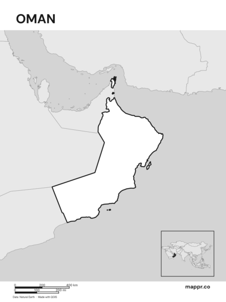 Outline map of Oman with detailed country borders (black and white).