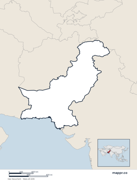 Blank political map of Pakistan showing its international borders without labels.