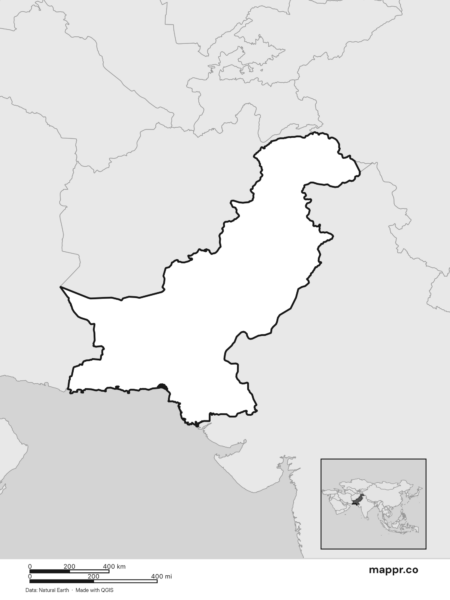 Blank political map of Pakistan showing its international borders without labels (black and white).