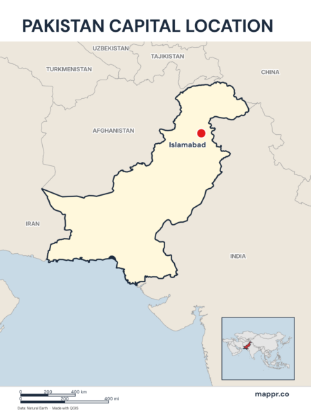 Detailed map pinpointing Islamabad, the capital of Pakistan.