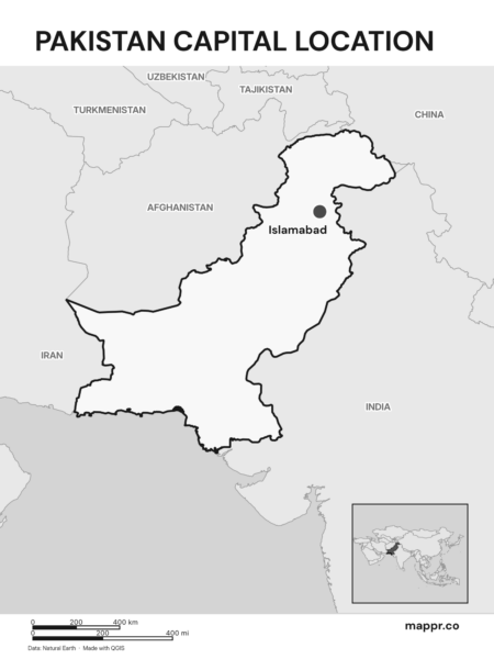 Detailed map pinpointing Islamabad, the capital of Pakistan (black and white).
