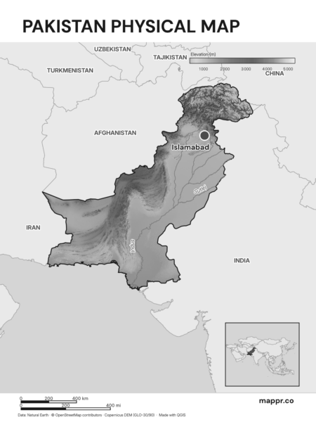 Map featuring Islamabad, the capital of Pakistan, with rich topographical detail (black and white).
