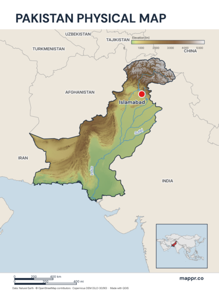 Map featuring Islamabad, the capital of Pakistan, with rich topographical detail.