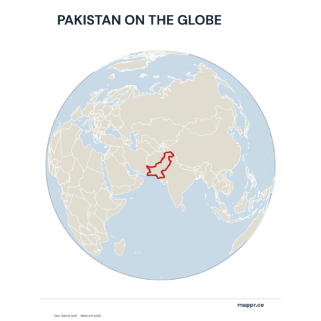 A map highlighting Pakistan's location on a globe, marked with a red outline.