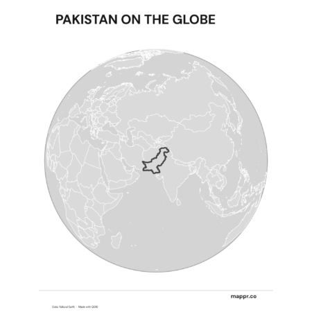 A map highlighting Pakistan's location on a globe, marked with a red outline (black and white).